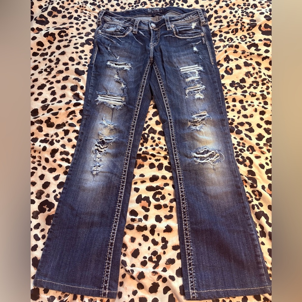 Silver Jeans Women's Distressed Dark Blue Straight Leg Jeans w28/L33
